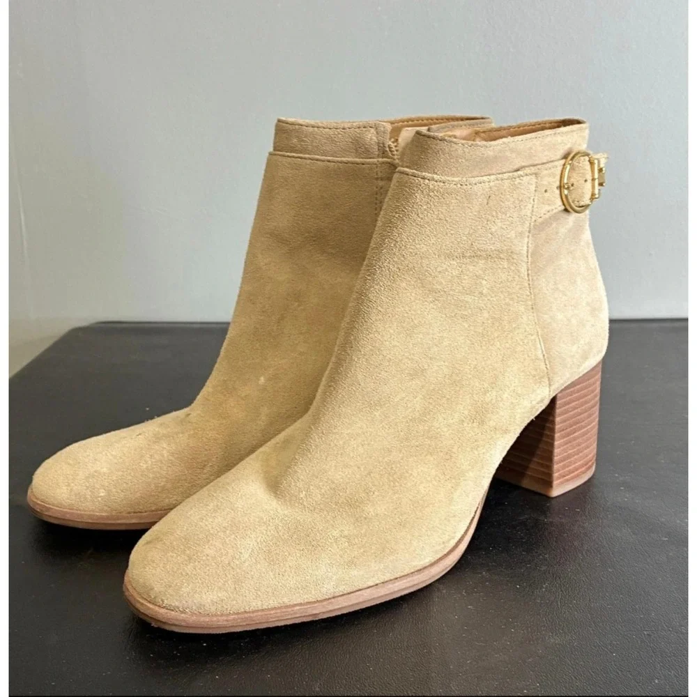 Tory Burch Women's Suede Ankle Booties – Size 8M – Beige/Tan Block Heel